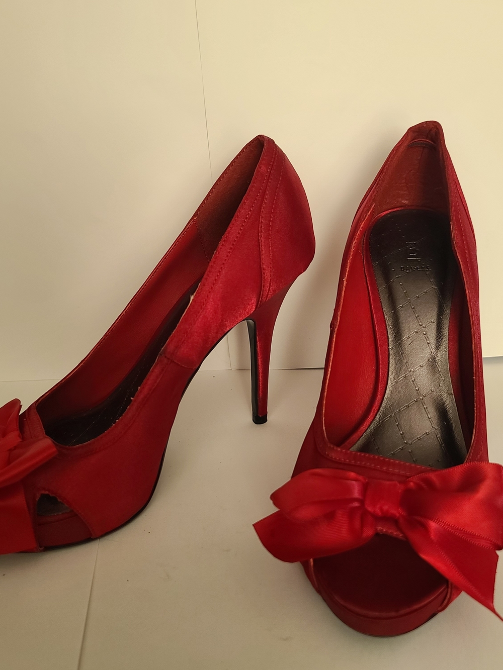 Bakers Red Satin Peep-Toe Heels with Bow Accent